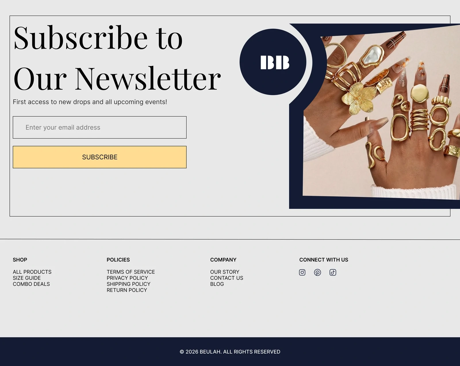 BEULAH desktop newsletter and footer design