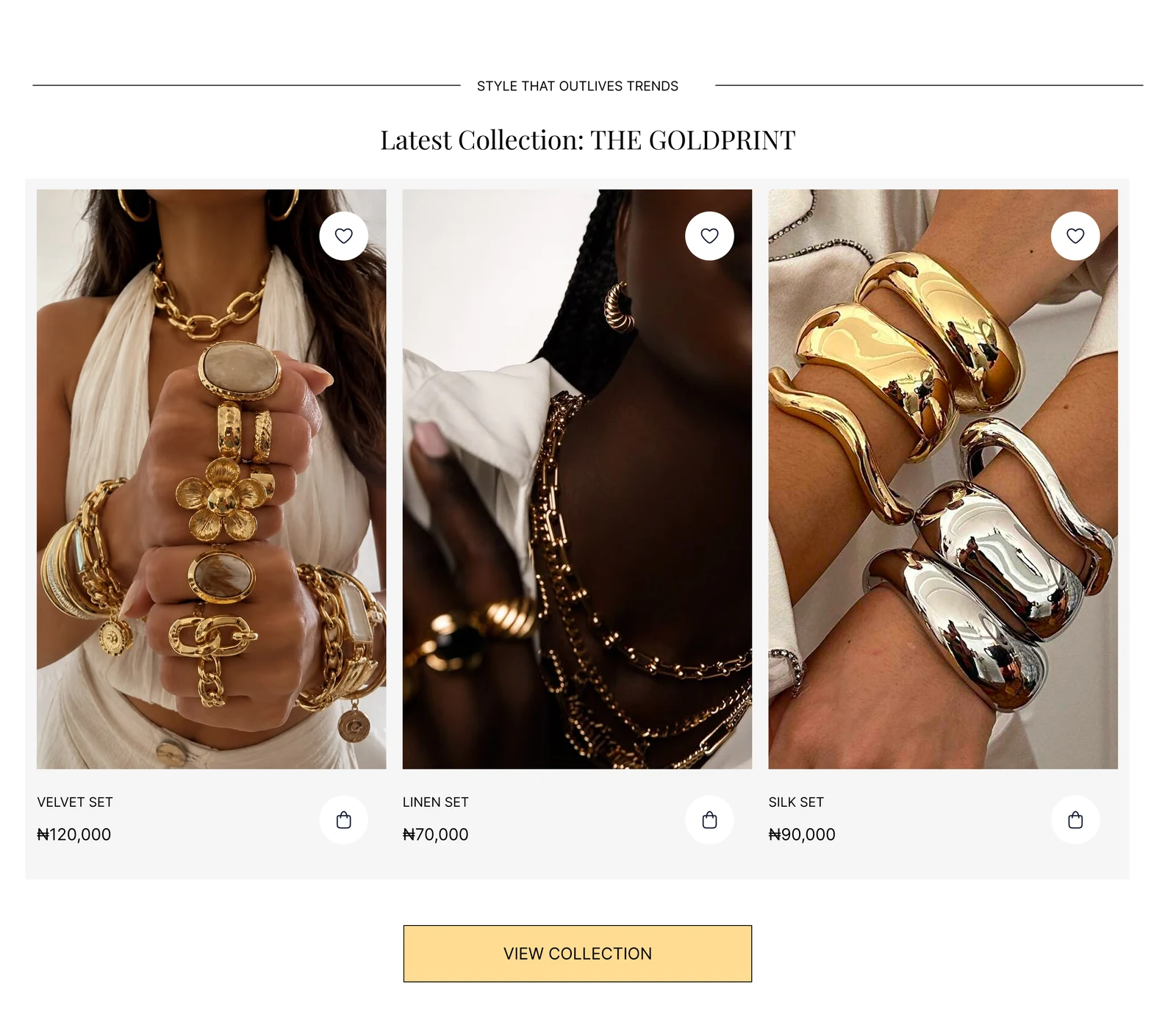 BEULAH desktop product cards with jewellery imagery, prices, and wishlist controls