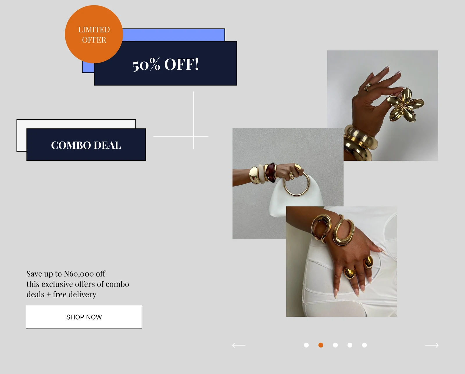 BEULAH promotional layout with layered offer labels and jewellery photography