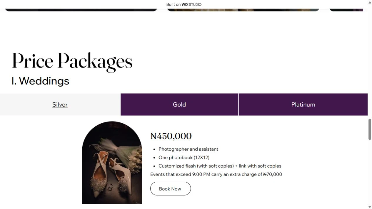 Live Innex Visuals package tabs with the Silver package selected