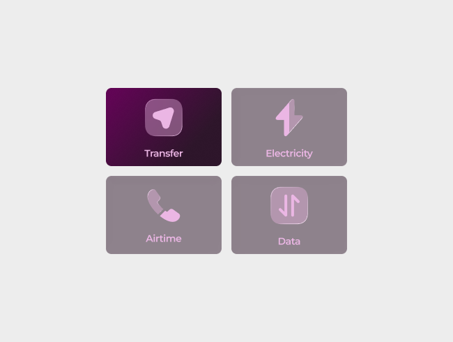 Original NUMA glass icons for Transfer, Electricity, Airtime and Data